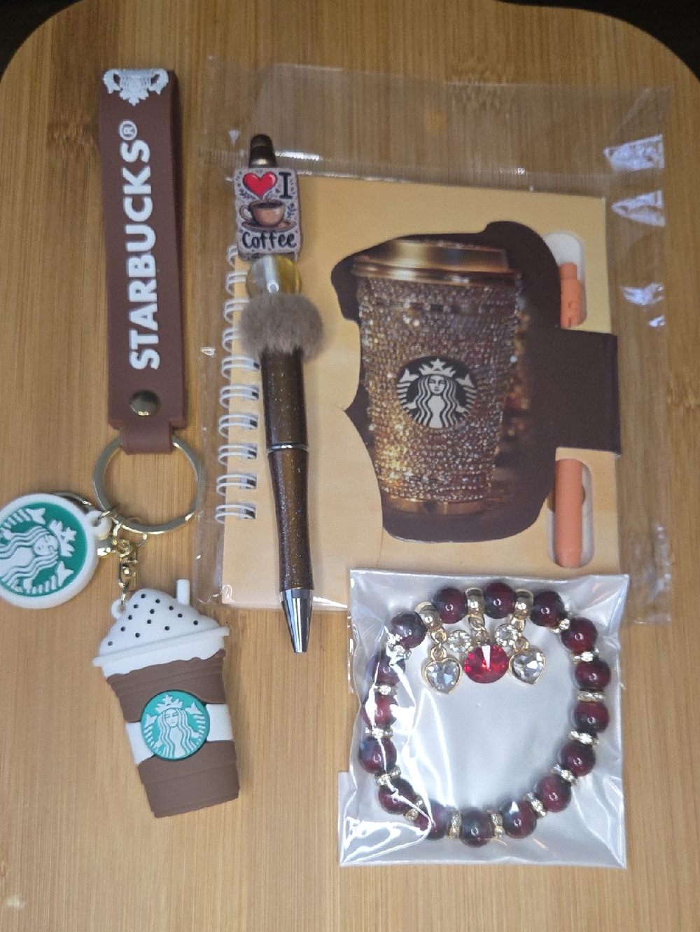 Starbucks Themed Gift Set With Frap Bag Charm, Pen, Bracelet and Notebook